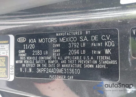 2021 Kia Forte Lxs из США, поврежденный, VIN 3KPF24AD9ME313610